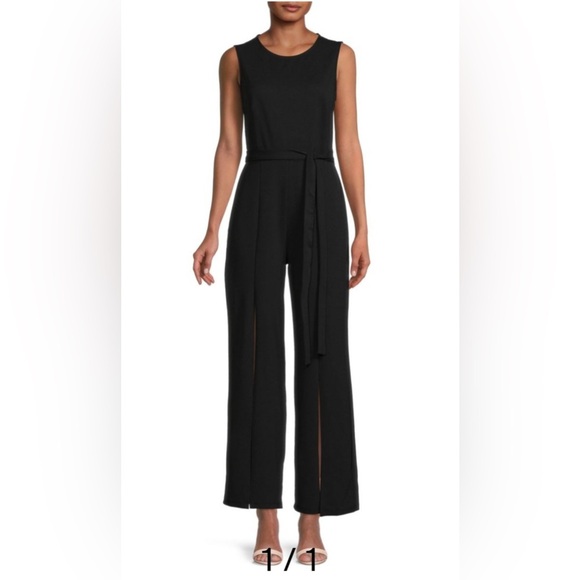 tash and sophie Pants - TASH AND SOPHIE Chic Black Sleeveless Jumpsuit Belted Wide Leg Stretchy Sz 6